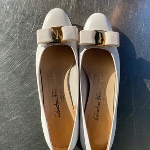 Salvatore Ferragamo White Flats with Gold Buckle